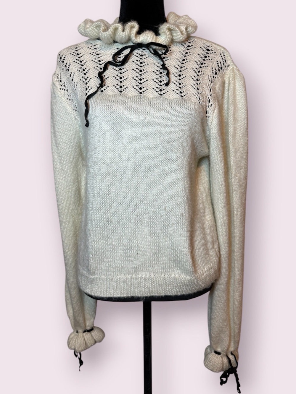 Zara Victorian Ruffle Neck Cream Sweater Size Large